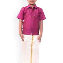 Thangamagan Boys Pink & Cream-Coloured Solid Shirt and Veshti image 1