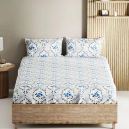 Bianca Palladium White & Blue Cotton Floral 144 TC King Flat Bedsheet with 2 Pillow Covers-picture-39