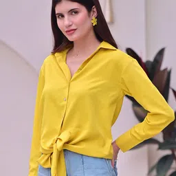 DL Woman Solid Waist Tie-Ups Shirt Collar Shirt Style Top image 3