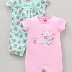 Babyhug 100% Cotton Half Sleeves Romper Kitty Print Pack of 2 - Light Blue Pink-picture-18