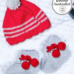 COCOON ORGANICS Handcrafted Soft And Warm Striped Bobble Cap & Socks - Grey & Red-picture-12