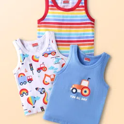 Babyhug 100% Cotton Knit Sleeveless Sando Tractors Print Pack of 3 - Multicolour-picture-25