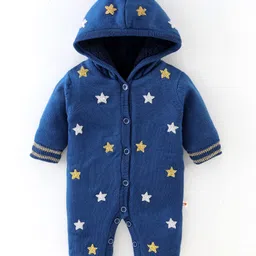 Yellow Apple Winter Wear Hooded Full Sleeves Romper with Stars Glitter Print - Blue-picture-21