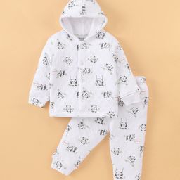 Doreme Knitted Full Sleeves Hooded Winter Wear Night Suit With Panda Print - White-image-86