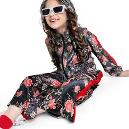 Ollington St. Woven Full Sleeves Floral Printed Winter Wear Hoodie & Culotte Pant Co-Ords Set-Charcol Grey & Red-image-32