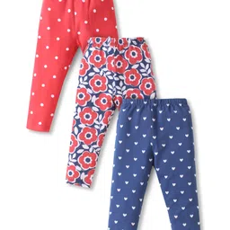Babyhug Cotton Lycra Full Length Skinny Fit Leggings with Stretch Floral Heart & Polka Dot Print Pack of 3 - Navy & Red-picture-25