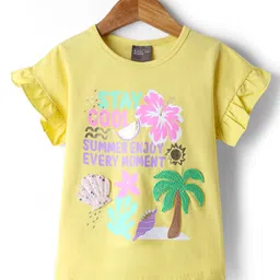 Little Kangaroos Cotton Knit Frill Sleeves Tops With Shell Patch & Tropical Theme Print - Lemon Yellow-picture-18