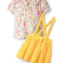 Babyhug Single Jersey Knit Half Puffed Sleeves Top & Skirt Set with Bow Applique & Jungle Theme Print - Yellow-picture-22