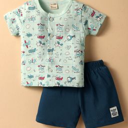 CUCUMBER Sinker Knit Half Sleeves Front Open Shorts Night Suit with Airplane Print - Light Blue-picture-10