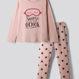 Primo Gino 100% Cotton Knit Full Sleeves Night Suit With Text & Star Print - Peach-picture-19