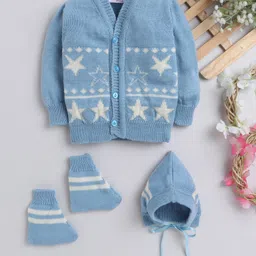 Little Angels Woollen Knit Full Sleeves Stars Designed Sweater With Cap & Booties - Blue & Cream-image-35