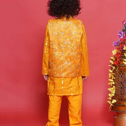 Little Bansi Full Sleeves Striped Foil Printed Kurta With Solid Pyjama & Floral Embroidered Nehru Jacket Set -Yellow image 3