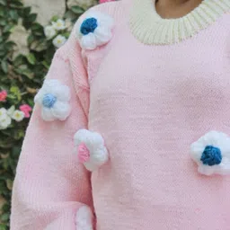 Woonie Handknitted Full Sleeves Floral Applique Detailed Sweater - Pink image 4