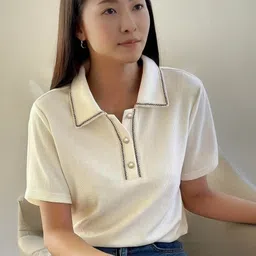 StyleCast Women Solid Polo Collar Cotton T-shirt-image-88