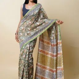 Unnati Silks Green Floral Print Saree With Unstitched Blouse image 1