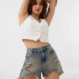 The Souled Store Mid Blue Cotton Regular Fit Shorts image 3