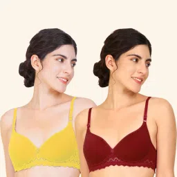 AROUSY Maroon & Yellow Cotton Self Pattern T-Shirt Bra - Pack Of 2 image 1