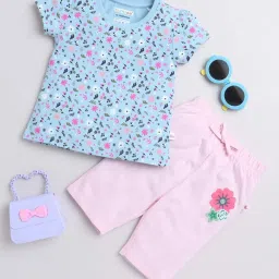 Bumzee Kids Powder Blue & Pink Cotton Floral Print T-Shirt Set image 1