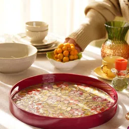 Pure Home and Living Orange & Pink Bamboo Round Tray image 1