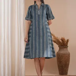 KAMI KUBI Women Cotton Shirt Collar Printed A-Line Midi Dress-picture-17
