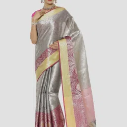 Banarasi Silk Works Silver Woven Saree With Unstitched Blouse image 1