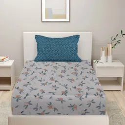 HOSTA HOMES Grey & Blue Cotton 280 TC Single Bedsheet with 1 Pillow cover image 2