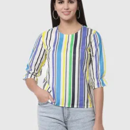 Style Quotient Women White And Multi Stripe Printed Polyester Smart Casual Top-image-82