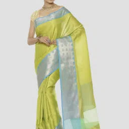 Banarasi Silk Works Green Printed Saree With Unstitched Blouse image 1