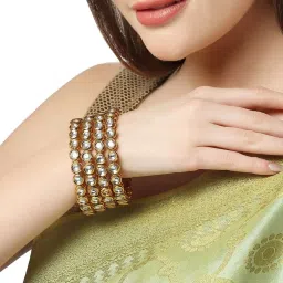 Karatcart Antique Gold-Plated Round Polki Kundan Rajwadi Bangles for Women - Set of 4 image 2