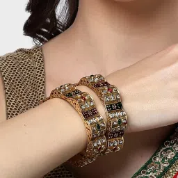 Karatcart Gold-Plated Red and Green Meena Kundan Studded Bangles Women - Set of 2 image 2