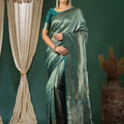Satrani Green Silk Blend Woven Saree With Unstitched Blouse image 1