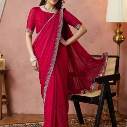 Satrani Pink Georgette Embellished Saree With Unstitched Blouse image 1