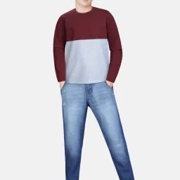 Gini & Jony Kids Maroon & White Cotton Color Block Full Sleeves T-Shirt image 3