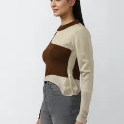 Forever 21 Off-White & Brown Round Neck Sweater image 3