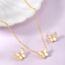 Peora Gold Plated Contemporary Synthetic Stone Butterfly Stud Pendant & Earring image 1