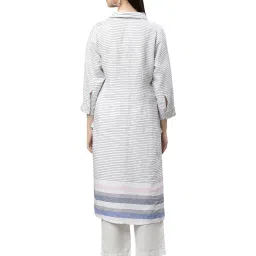 Linen Club Woman White & Grey Linen Striped A Line Kurta image 2