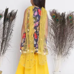 Little Bansi Kids Navy & Yellow Floral Print Kurta, Sharara with Dupatta image 2