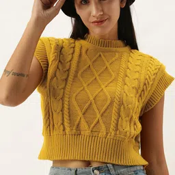 STREET 9 Women Mustard Yellow Cable Knit Crop Pullover-image-28
