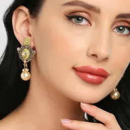Oomph Meenakari Enamel Kundan & Pearl Ethnic Green Drop Earrings image 2