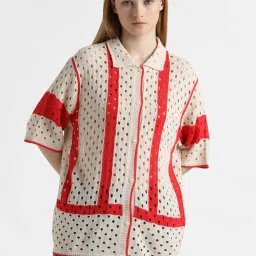 Only Beige & Red Self Design Cardigan image 2