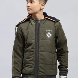Monte Carlo Boys Olive Solid Hooded Neck Polyester Blend Jacket image 1
