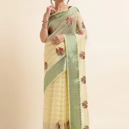 FABMORA Yellow Embroidered Saree With Unstitched Blouse-image-44