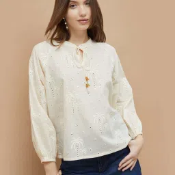 Colour Me By Melange Off White Cotton Regular Fit Embroidered Top image 1