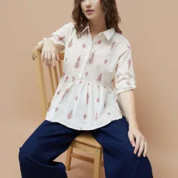 Colour Me By Melange Off White Cotton Regular Fit Printed Top image 1