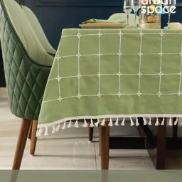 Urban Space Cotton Aura Checks Sage Green Embroidered Table Cover - 4 Seater-picture-12