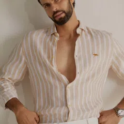 ANDAMEN Beige Regular Fit Striped Linen Shirt image 1