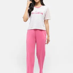 MADAME M Secret Pink & White Cotton Graphic Print T-Shirt With Pyjamas image 1