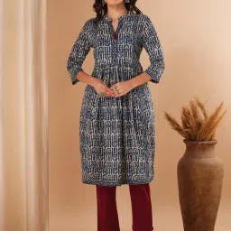 Fashor Blue Cotton Printed Three-Quarter Sleeves Kurta image 1