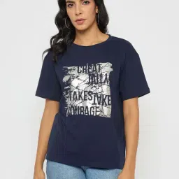 Madame Navy Cotton Regular Fit Printed T-Shirt-picture-36