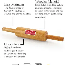 HAZEL Wooden Belan Rolling Pin Sagwan Roti Phulka Dough Roller for Home and Kitchen, 38 cm image 3